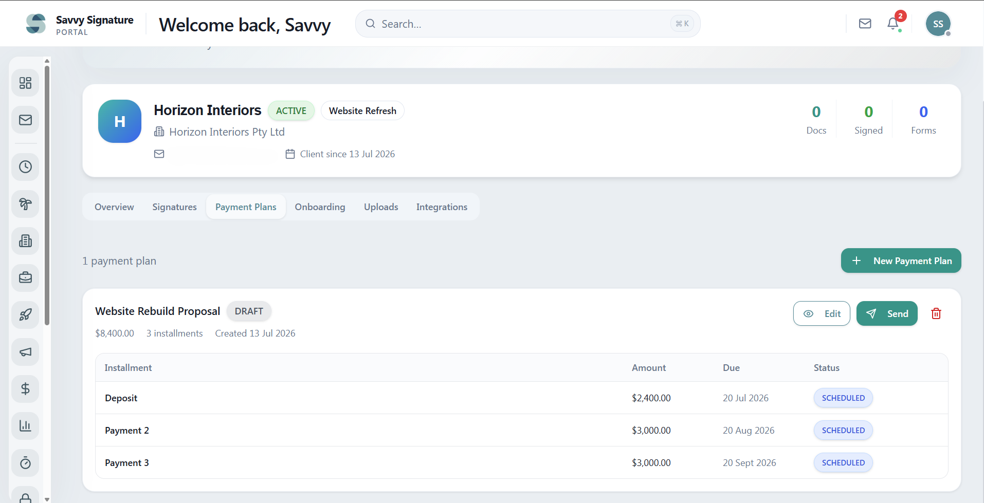 Payment Plans tab on a client record showing a draft proposal with deposit and installment schedule and a Send button