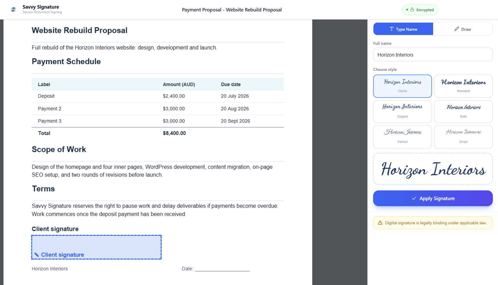 Savvy Signature secure signing page showing a payment proposal PDF with the client signature panel