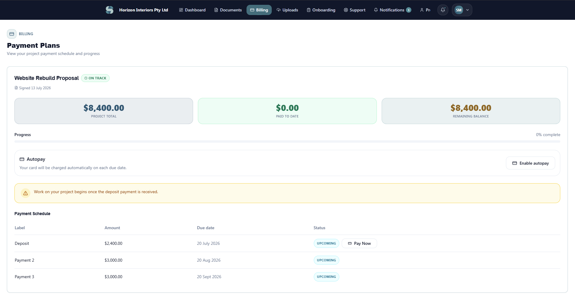 Client billing portal showing project total, payment progress, autopay option and Pay Now on the deposit