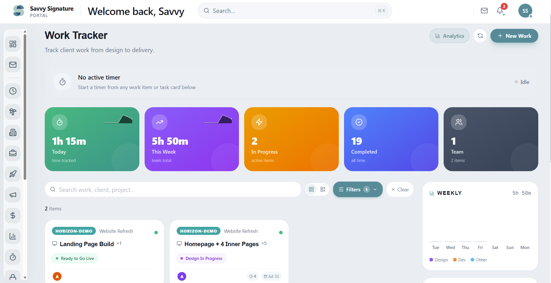 Work Tracker dashboard with time tracked today and this week, in-progress and completed counts, and work item cards with status badges